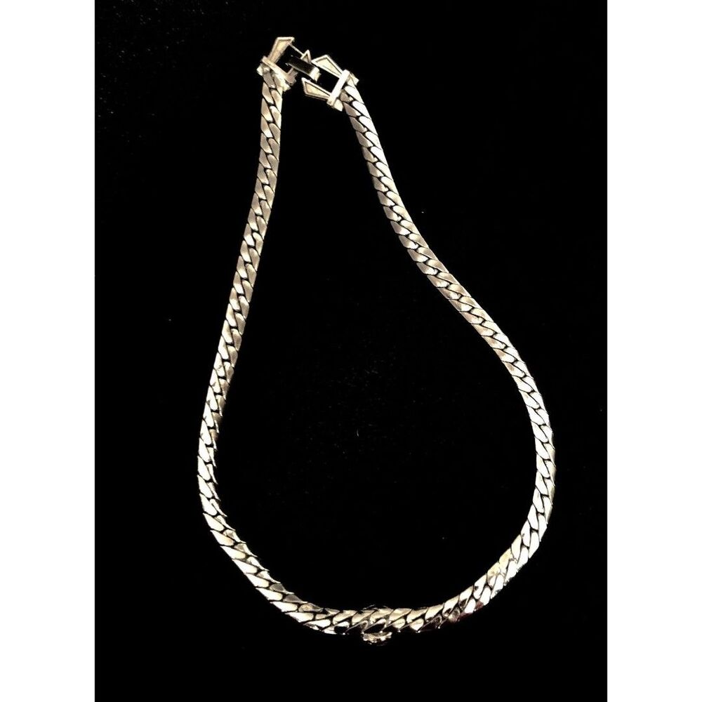 Vintage Aqua Rhinestone Choker on Heavy Silver-Tone Serpentine Omega Chain 1940s - Picture 8 of 11